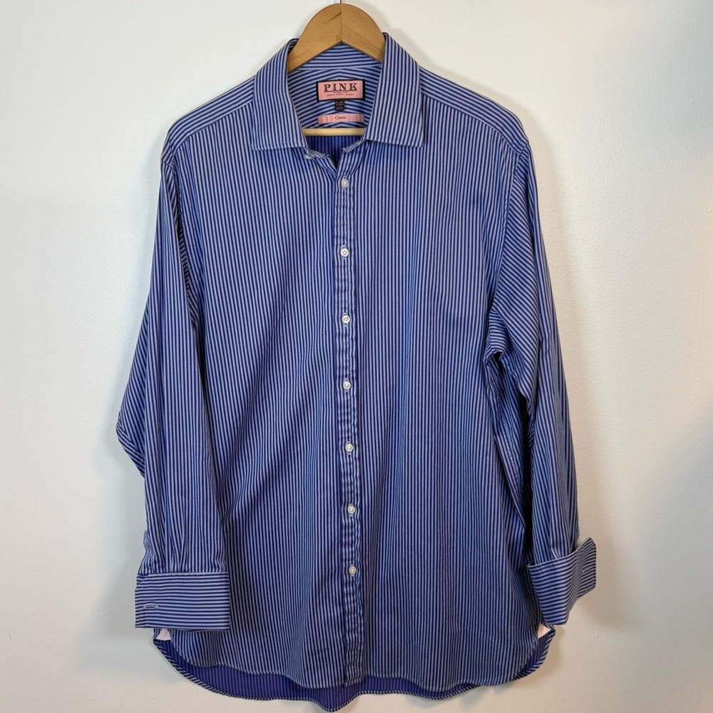 Thomas Pink Men’s Dress Shirt, French Cuff, Blue Pinstripe, Size 17.5, Luxury